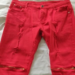 Red Jeans Skinny Motorcycle Style
